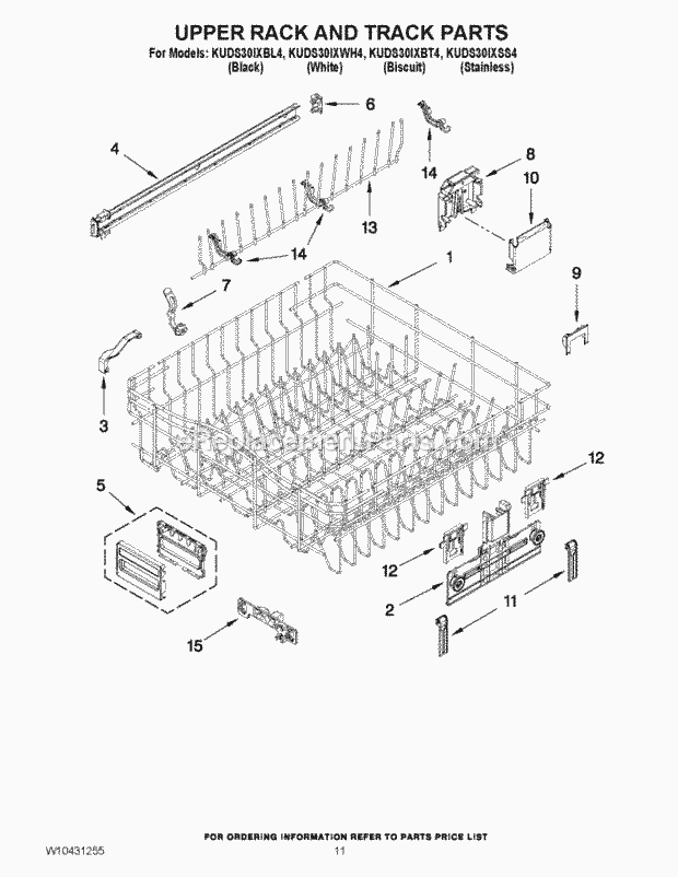KitchenAid KUDS30IXWH4 Dishwasher Upper Rack and Track Parts Diagram