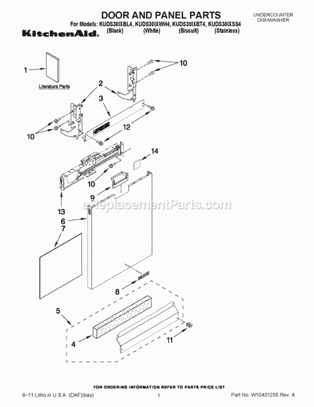 KitchenAid KUDS30IXWH4 Dishwasher Door and Panel Parts Diagram