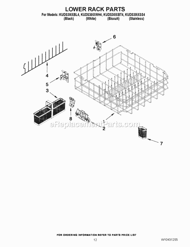 KitchenAid KUDS30IXWH4 Dishwasher Lower Rack Parts Diagram