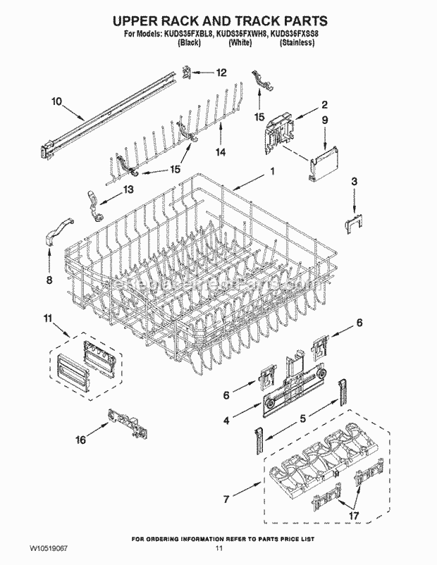 KitchenAid KUDS35FXBL8 Dishwasher Upper Rack and Track Parts Diagram