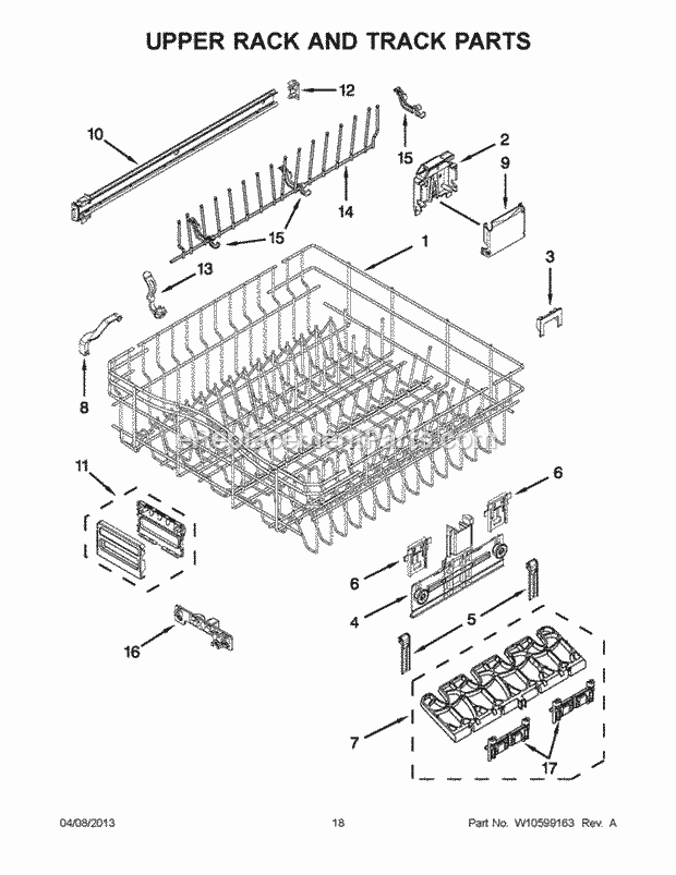 KitchenAid KUDS35FXBL9 Dishwasher Upper Rack and Track Parts Diagram