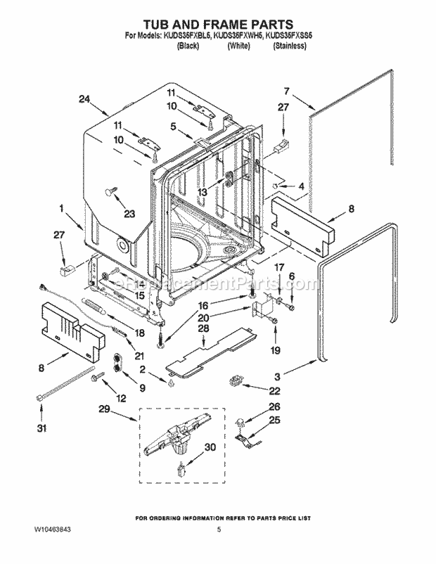 KitchenAid KUDS35FXSS5 Dishwasher Tub and Frame Parts Diagram