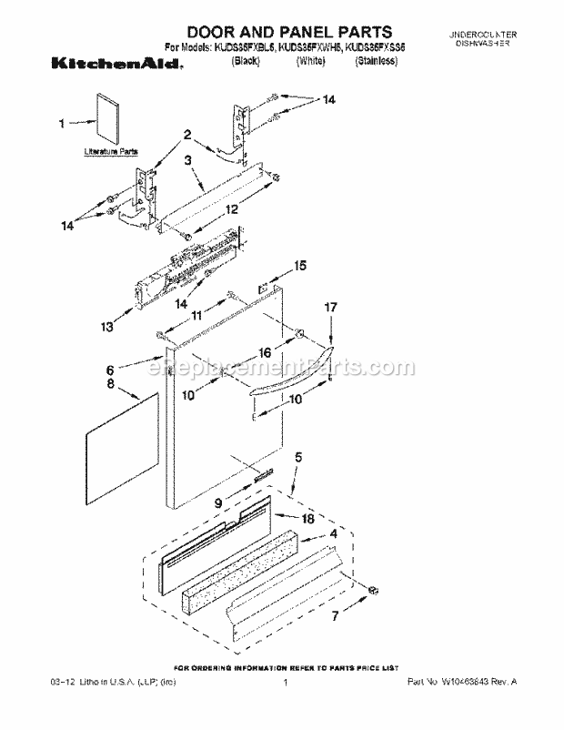 KitchenAid KUDS35FXSS5 Dishwasher Door and Panel Parts Diagram