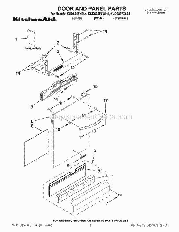 KitchenAid KUDS35FXWH4 Dishwasher Door and Panel Parts Diagram