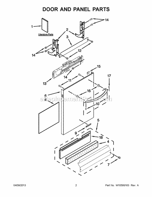 KitchenAid KUDS35FXWH9 Dishwasher Door and Panel Parts Diagram