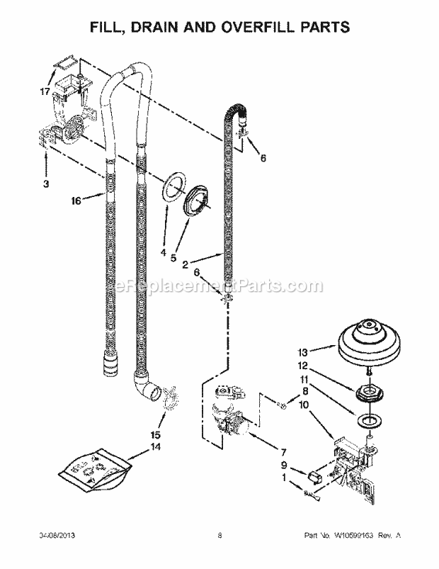 KitchenAid KUDS35FXWH9 Dishwasher Fill, Drain and Overfill Parts Diagram