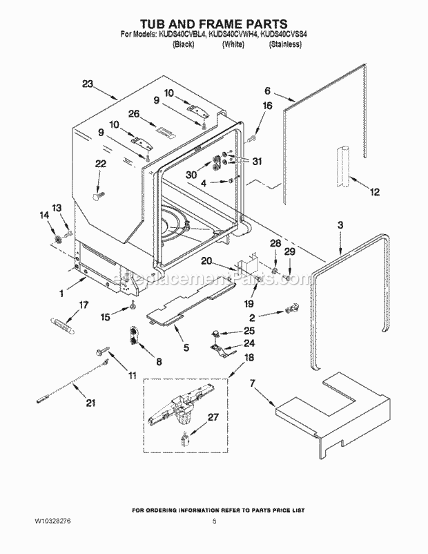 KitchenAid KUDS40CVBL4 Dishwasher Tub and Frame Parts Diagram