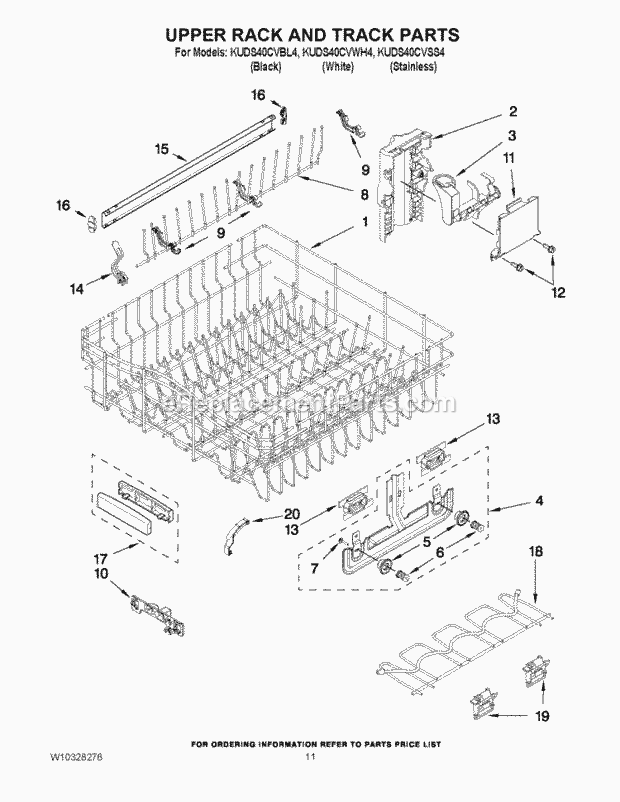KitchenAid KUDS40CVBL4 Dishwasher Upper Rack and Track Parts Diagram