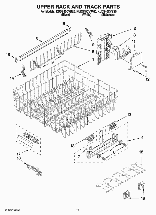 KitchenAid KUDS40CVSS0 Dishwasher Upper Rack and Track Parts Diagram