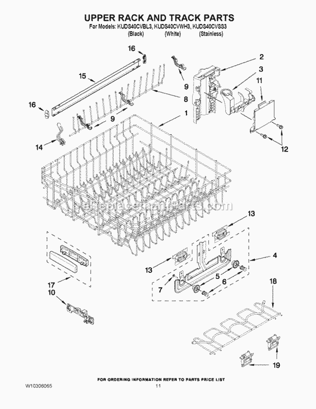 KitchenAid KUDS40CVSS3 Dishwasher Upper Rack and Track Parts Diagram