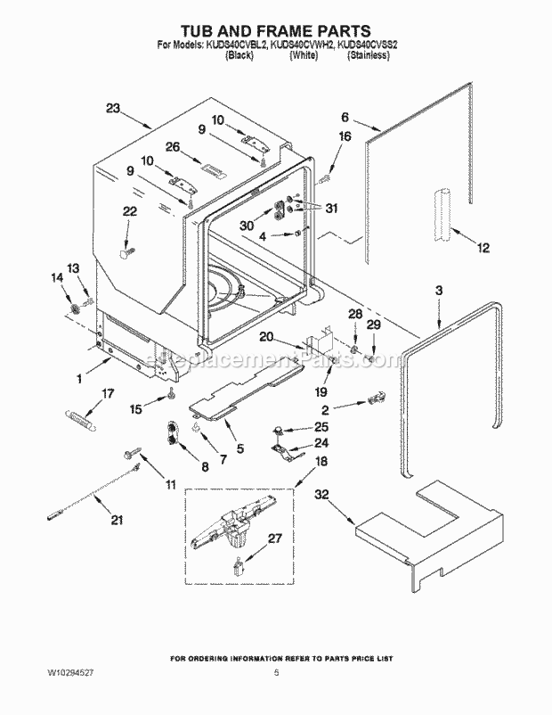 KitchenAid KUDS40CVWH2 Dishwasher Tub and Frame Parts Diagram