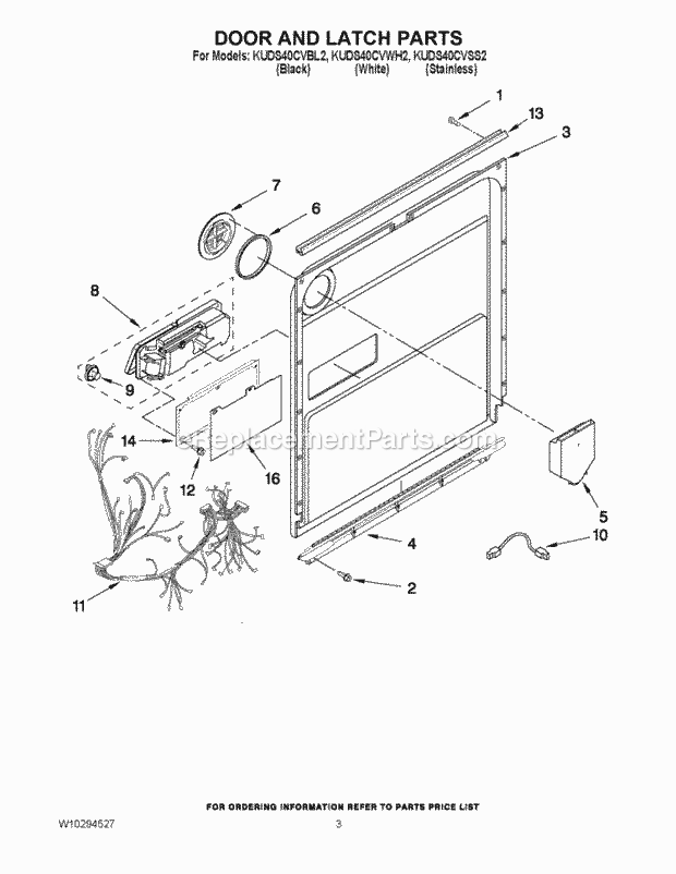 KitchenAid KUDS40CVWH2 Dishwasher Door and Latch Parts Diagram