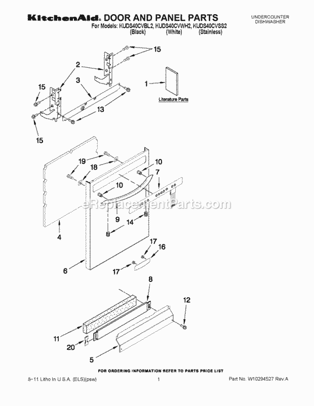 KitchenAid KUDS40CVWH2 Dishwasher Door and Panel Parts Diagram