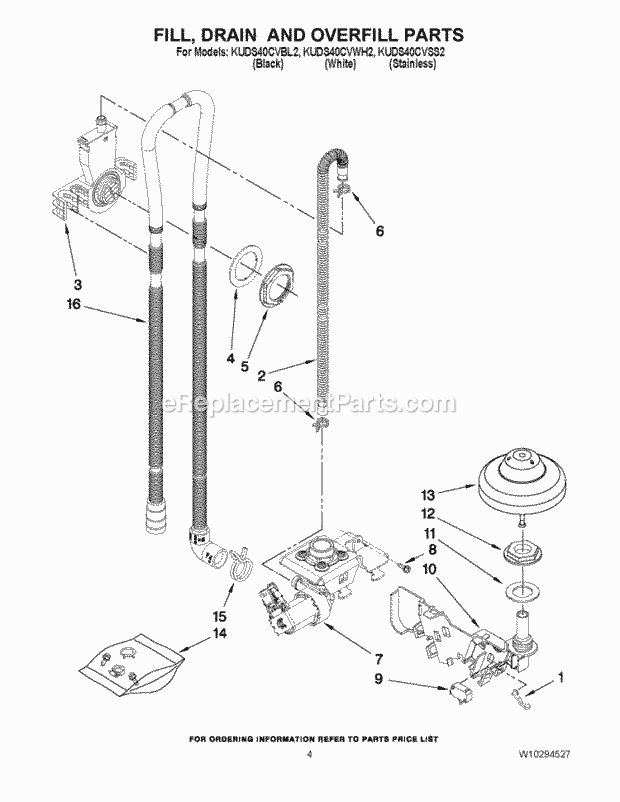 KitchenAid KUDS40CVWH2 Dishwasher Fill, Drain and Overfill Parts Diagram
