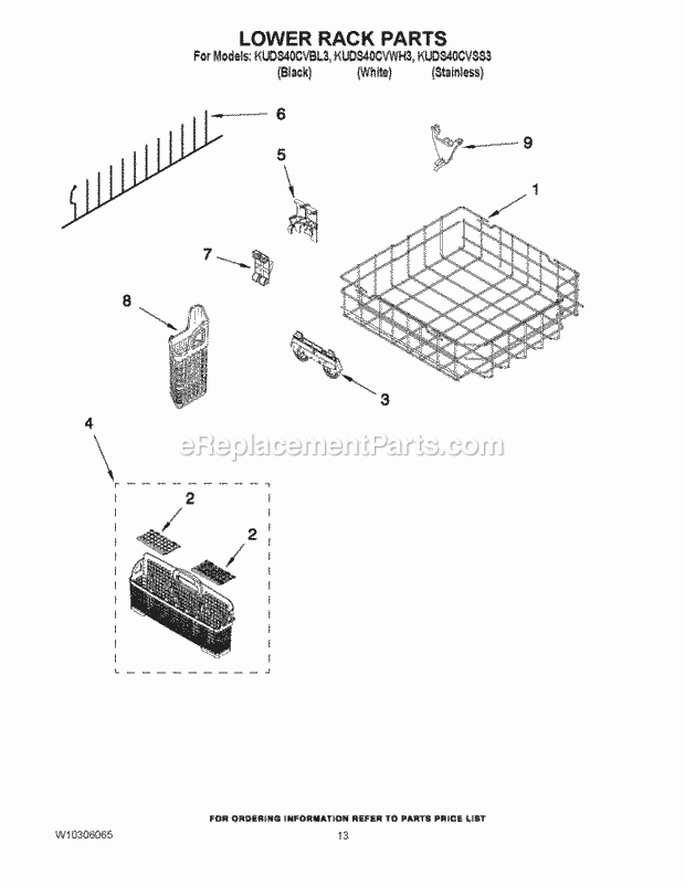 KitchenAid KUDS40CVWH3 Dishwasher Lower Rack Parts Diagram