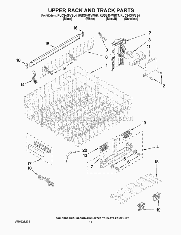 KitchenAid KUDS40FVBL4 Dishwasher Upper Rack and Track Parts Diagram