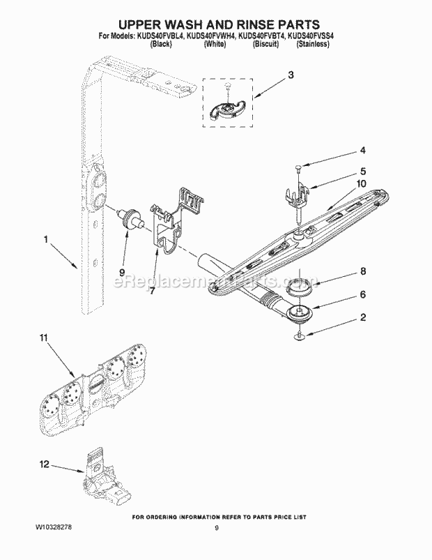 KitchenAid KUDS40FVBL4 Dishwasher Upper Wash and Rinse Parts Diagram