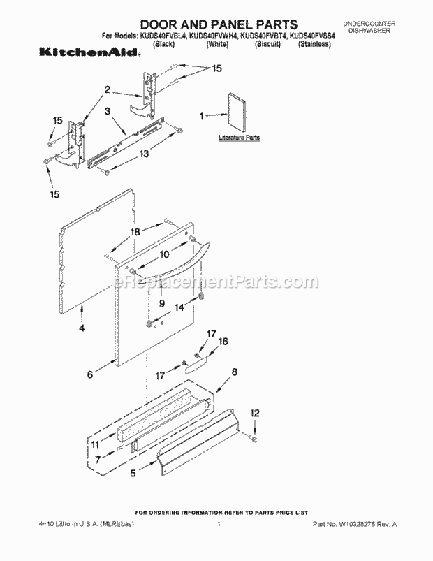 KitchenAid KUDS40FVBL4 Dishwasher Door and Panel Parts Diagram