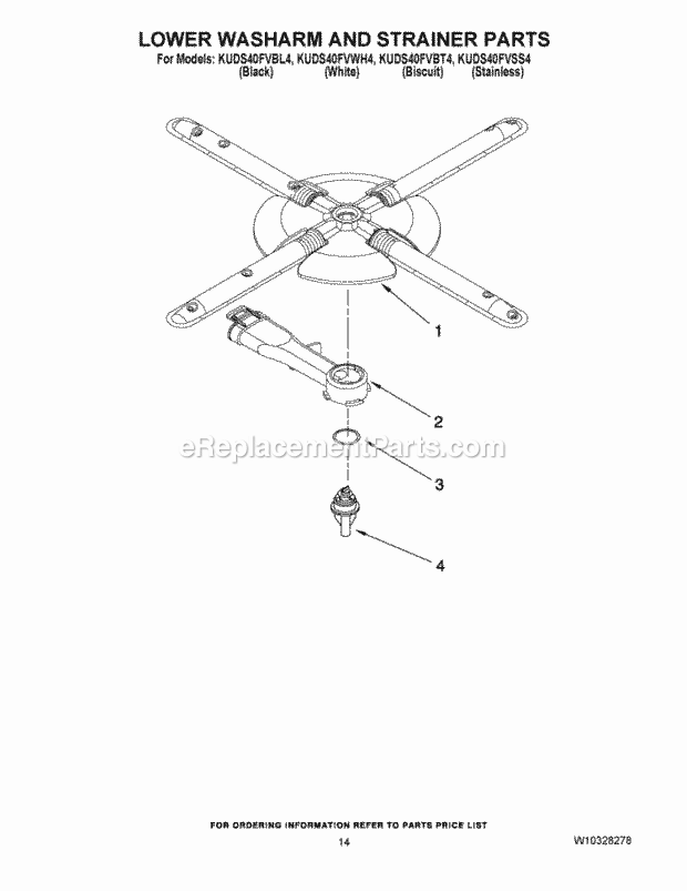 KitchenAid KUDS40FVBL4 Dishwasher Lower Washarm and Strainer Parts Diagram