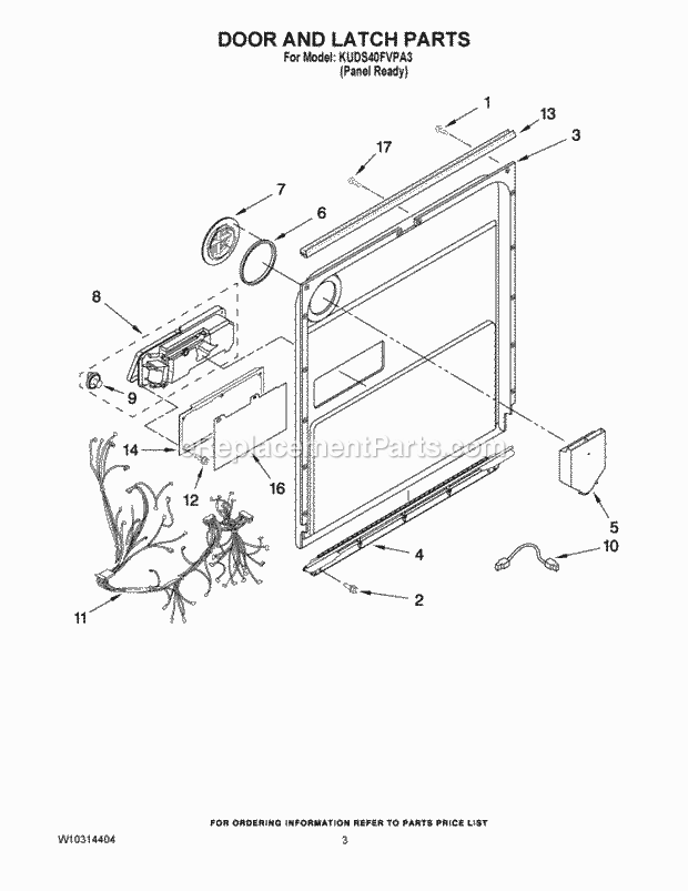 KitchenAid KUDS40FVPA3 Dishwasher Door and Latch Parts Diagram