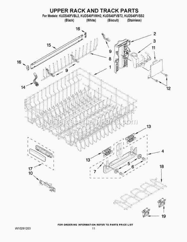 KitchenAid KUDS40FVSS2 Dishwasher Upper Rack and Track Parts Diagram