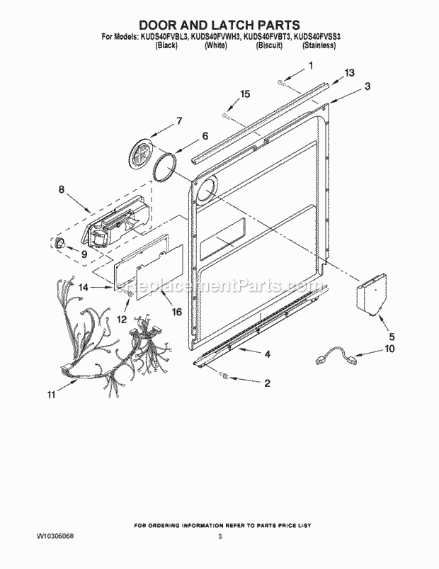 KitchenAid KUDS40FVSS3 Dishwasher Door and Latch Parts Diagram