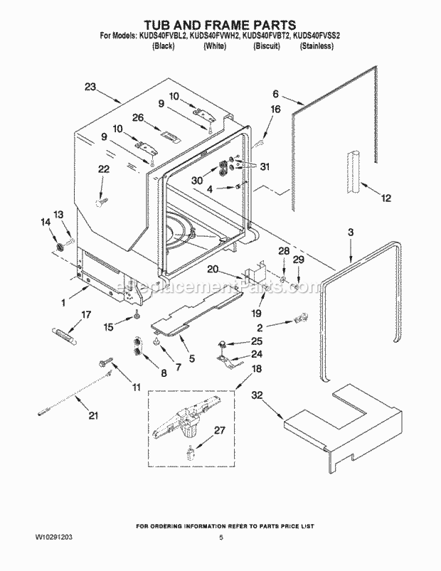 KitchenAid KUDS40FVWH2 Dishwasher Tub and Frame Parts Diagram