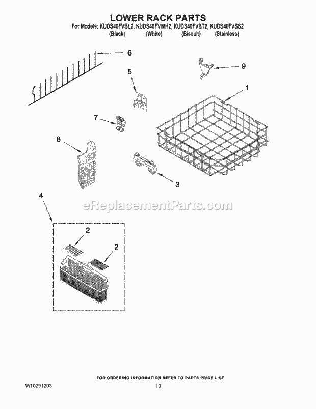 KitchenAid KUDS40FVWH2 Dishwasher Lower Rack Parts Diagram