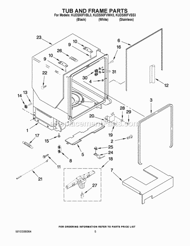 KitchenAid KUDS50FVBL3 Dishwasher Tub and Frame Parts Diagram