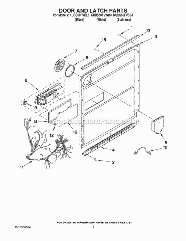 KitchenAid KUDS50FVBL3 Dishwasher Door and Latch Parts Diagram