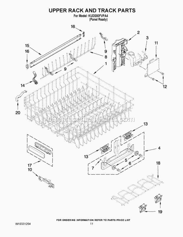 KitchenAid KUDS50FVPA4 Dishwasher Upper Rack and Track Parts Diagram