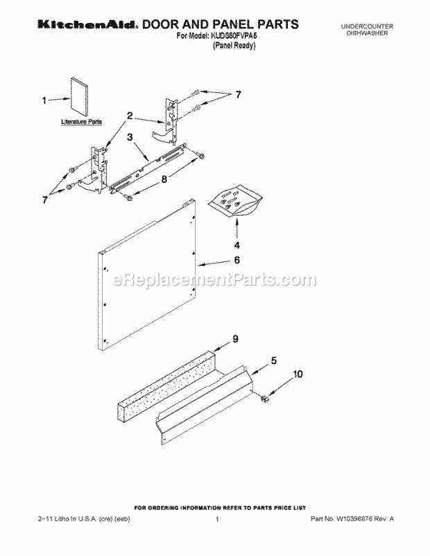 KitchenAid KUDS50FVPA5 Dishwasher Door and Panel Parts Diagram