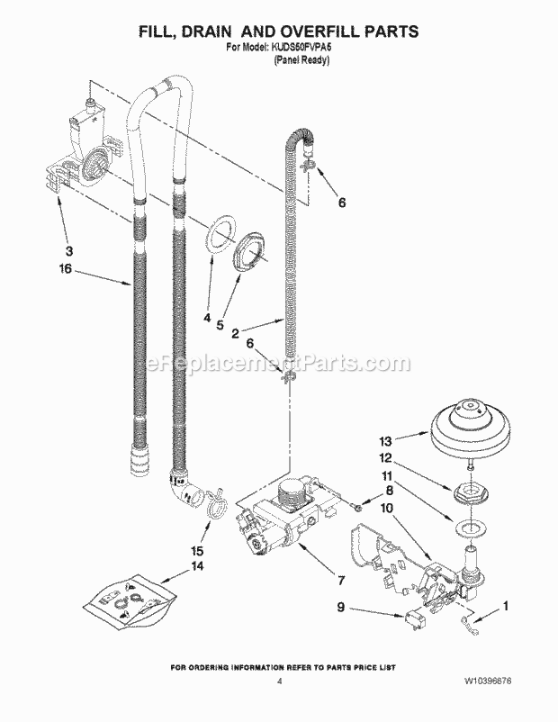 KitchenAid KUDS50FVPA5 Dishwasher Fill, Drain and Overfill Parts Diagram