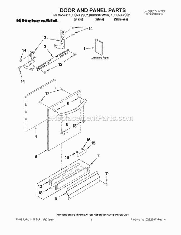 KitchenAid KUDS50FVSS2 Dishwasher Door and Panel Parts Diagram