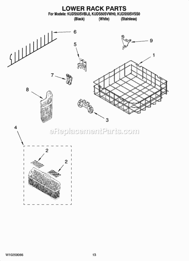 KitchenAid KUDS50SVBL0 Dishwasher Lower Rack Parts Diagram