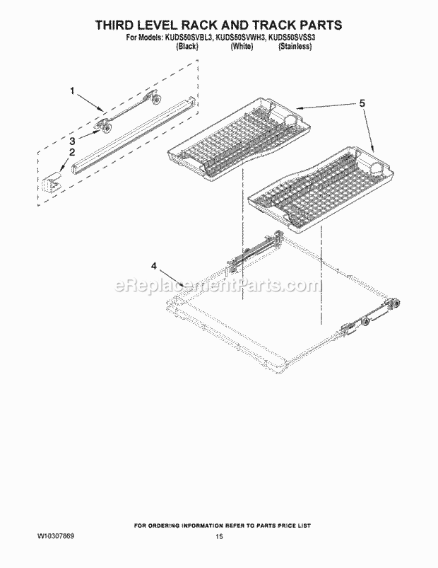 KitchenAid KUDS50SVSS3 Dishwasher Third Level Rack and Track Parts Diagram