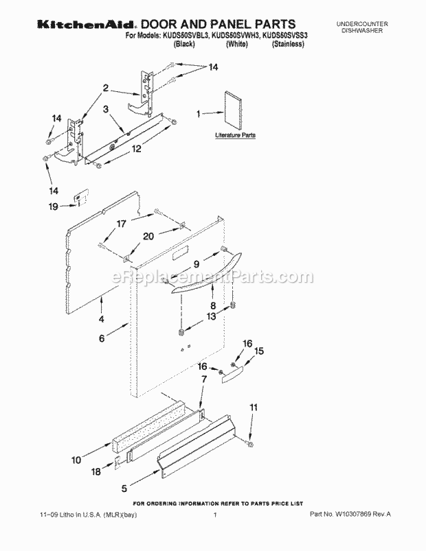 KitchenAid KUDS50SVWH3 Dishwasher Door and Panel Parts Diagram