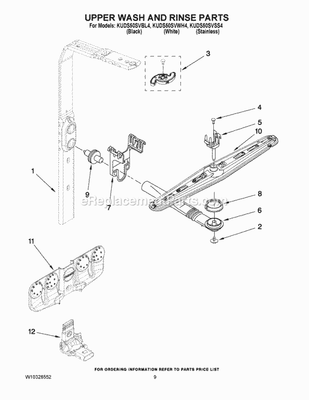 KitchenAid KUDS50SVWH4 Dishwasher Upper Wash and Rinse Parts Diagram