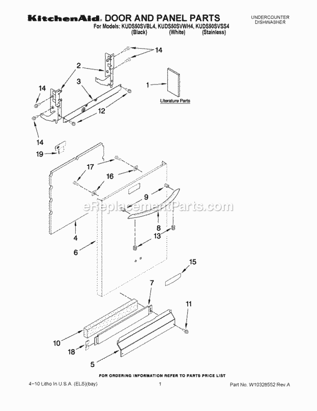 KitchenAid KUDS50SVWH4 Dishwasher Door and Panel Parts Diagram