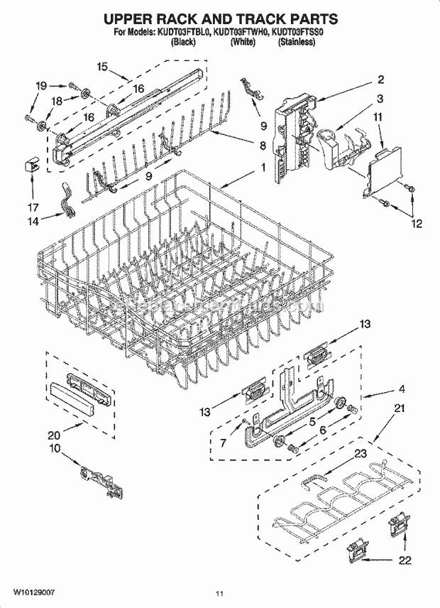 KitchenAid KUDT03FTBL0 Dishwasher Upper Rack and Track Parts Diagram