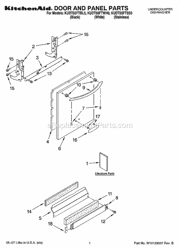 KitchenAid KUDT03FTBL0 Dishwasher Door and Panel Parts Diagram