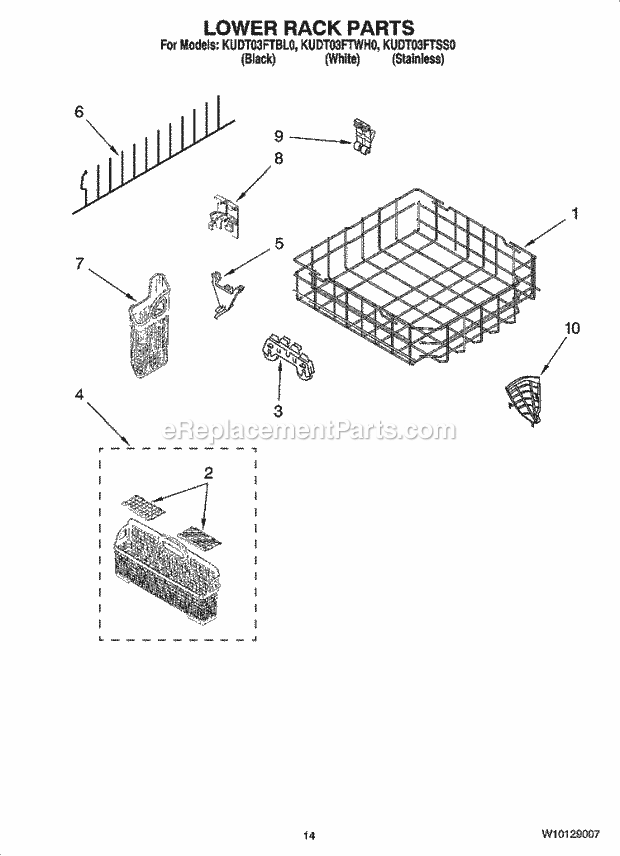 KitchenAid KUDT03FTBL0 Dishwasher Lower Rack Parts Diagram