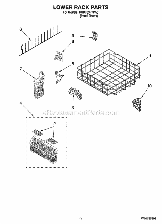 KitchenAid KUDT03FTPA0 Dishwasher Lower Rack Parts Diagram