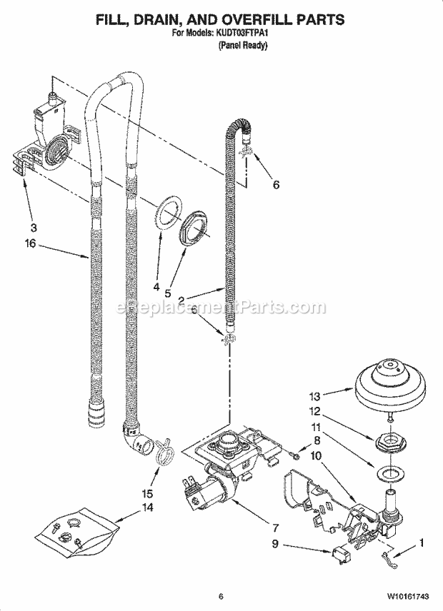 KitchenAid KUDT03FTPA1 Dishwasher Fill, Drain, and Overfill Parts Diagram