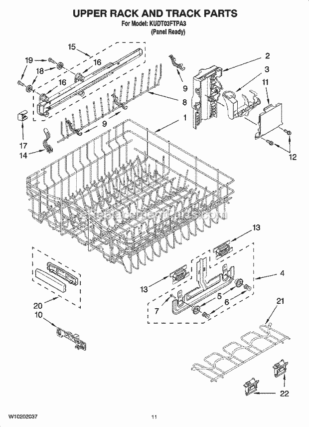 KitchenAid KUDT03FTPA3 Dishwasher Upper Rack and Track Parts Diagram
