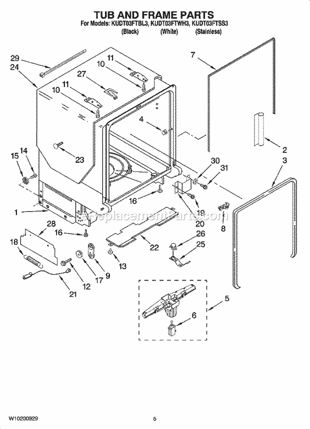 KitchenAid KUDT03FTWH3 Dishwasher Tub and Frame Parts Diagram