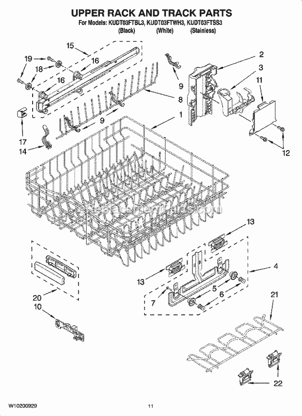 KitchenAid KUDT03FTWH3 Dishwasher Upper Rack and Track Parts Diagram