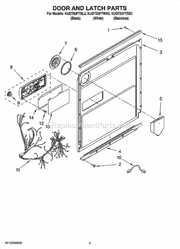 KitchenAid KUDT03FTWH3 Dishwasher Door and Latch Parts Diagram