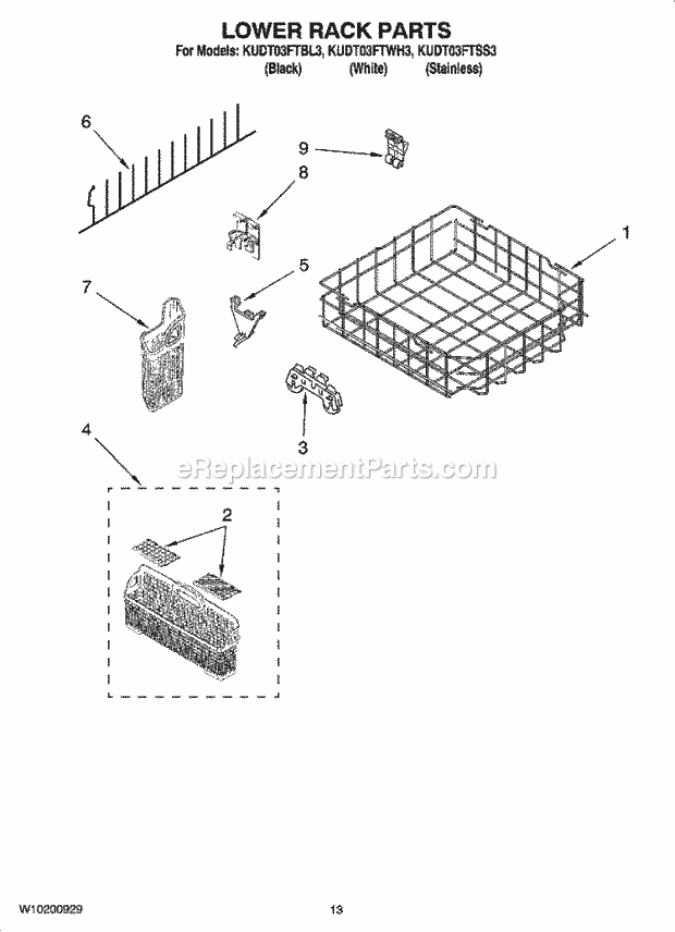 KitchenAid KUDT03FTWH3 Dishwasher Lower Rack Parts Diagram