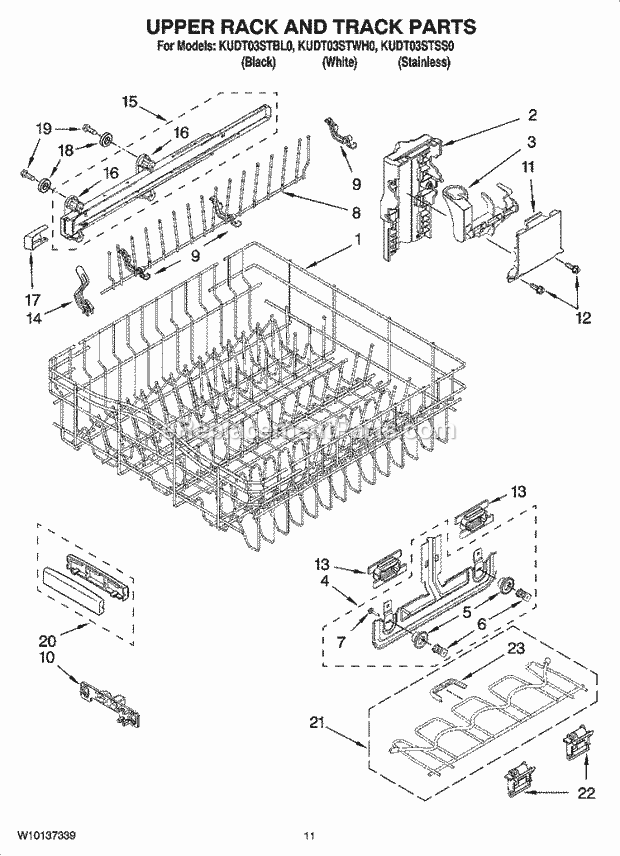 KitchenAid KUDT03STBL0 Dishwasher Upper Rack and Track Parts Diagram
